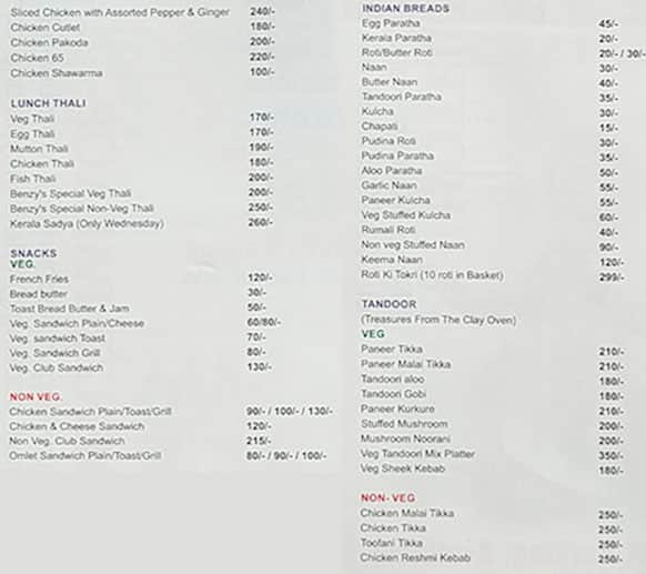 Benzy's Restaurant menu