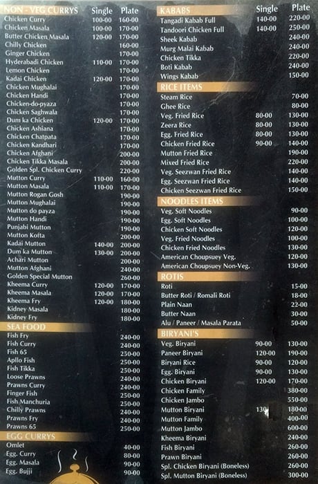 Shree Golden Palace Restaurant menu