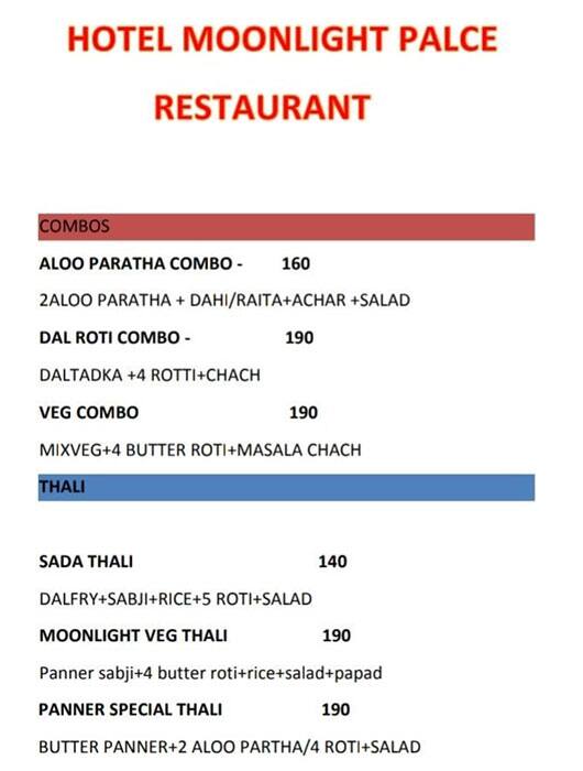 Moon Light Rooftop Restaurant menu