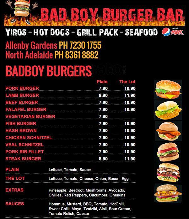 Bad Boy Burger Bar a Adelaide Foto del Menu con Prezzi Urbanspoon/Zomato