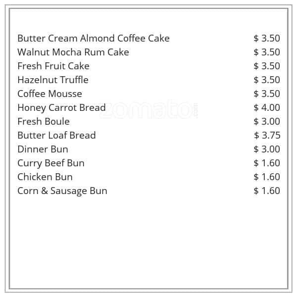 Menu at La Patisserie, Vancouver, Granville St