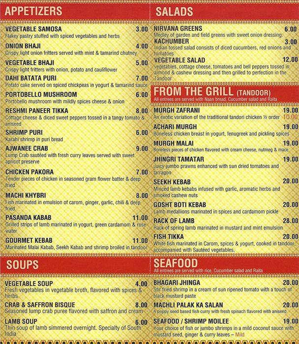 Nirvana Indian Menu, Menu for Nirvana Indian, Memorial, Houston