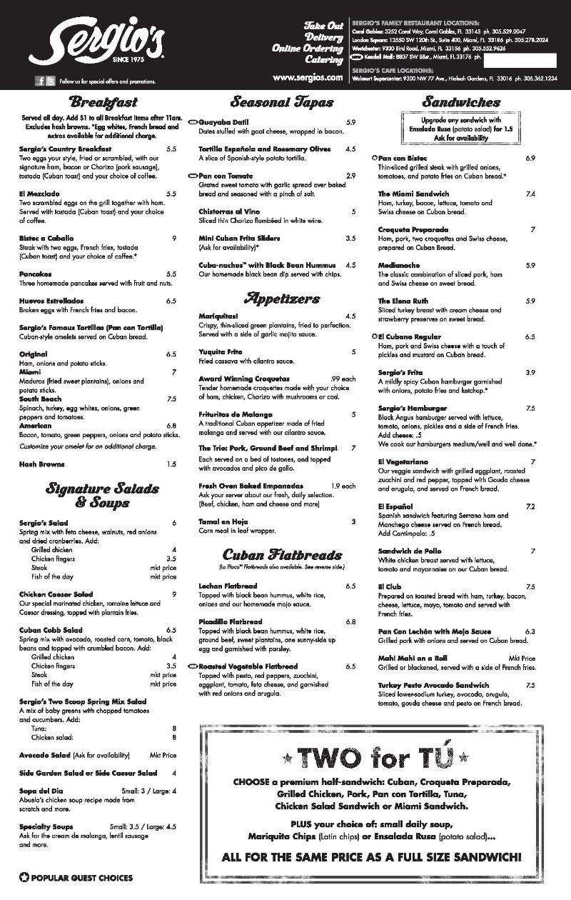 Sergio's menu, Menu restauracji Sergio's, Kendall/Pinecrest, Miami