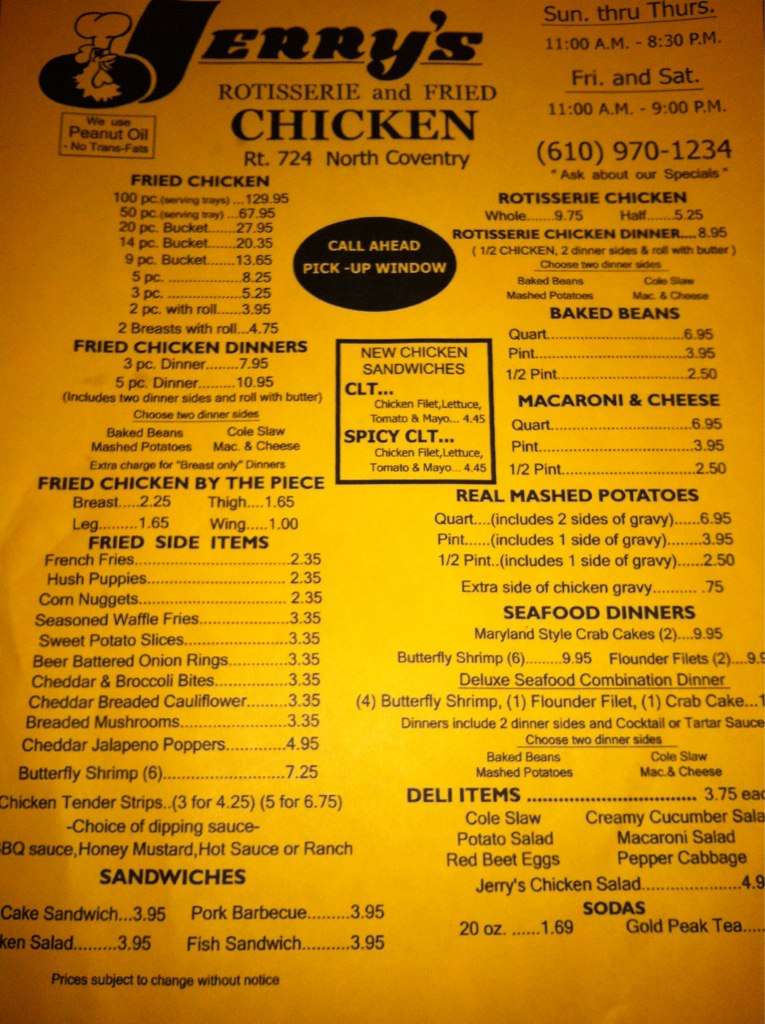 Menu at Jerry's Rotisserie and Fried Chicken fast food, Pottstown