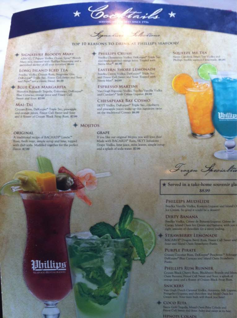 Menu at Phillips restaurant, Baltimore