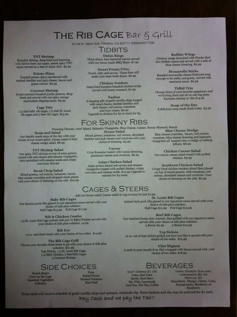 The Rib Cage Menu, Menu for The Rib Cage, West, Fresno Urbanspoon/Zomato