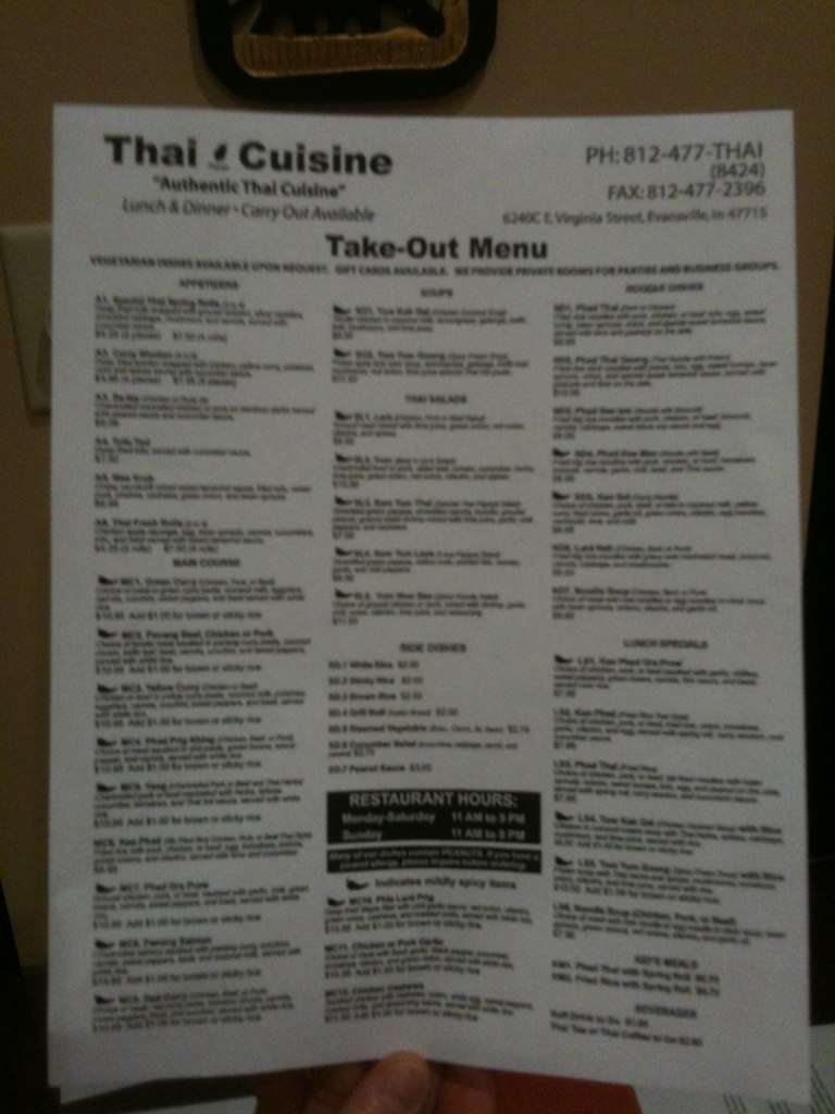 Menu at Thai Papaya Cuisine Inc restaurant, Evansville