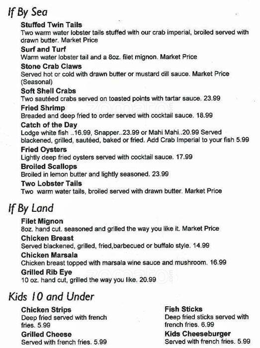 Menu at Old Marco Lodge Crab House pub & bar, Goodland