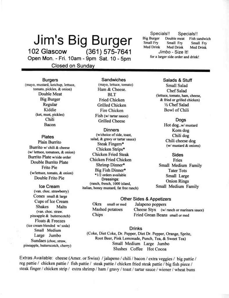 Jim S Big Burger Menu Menu For Jim S Big Burger Victoria Victoria