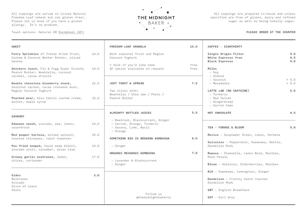 The Midnight Baker Menu, Menu for The Midnight Baker, Mt Eden, Auckland