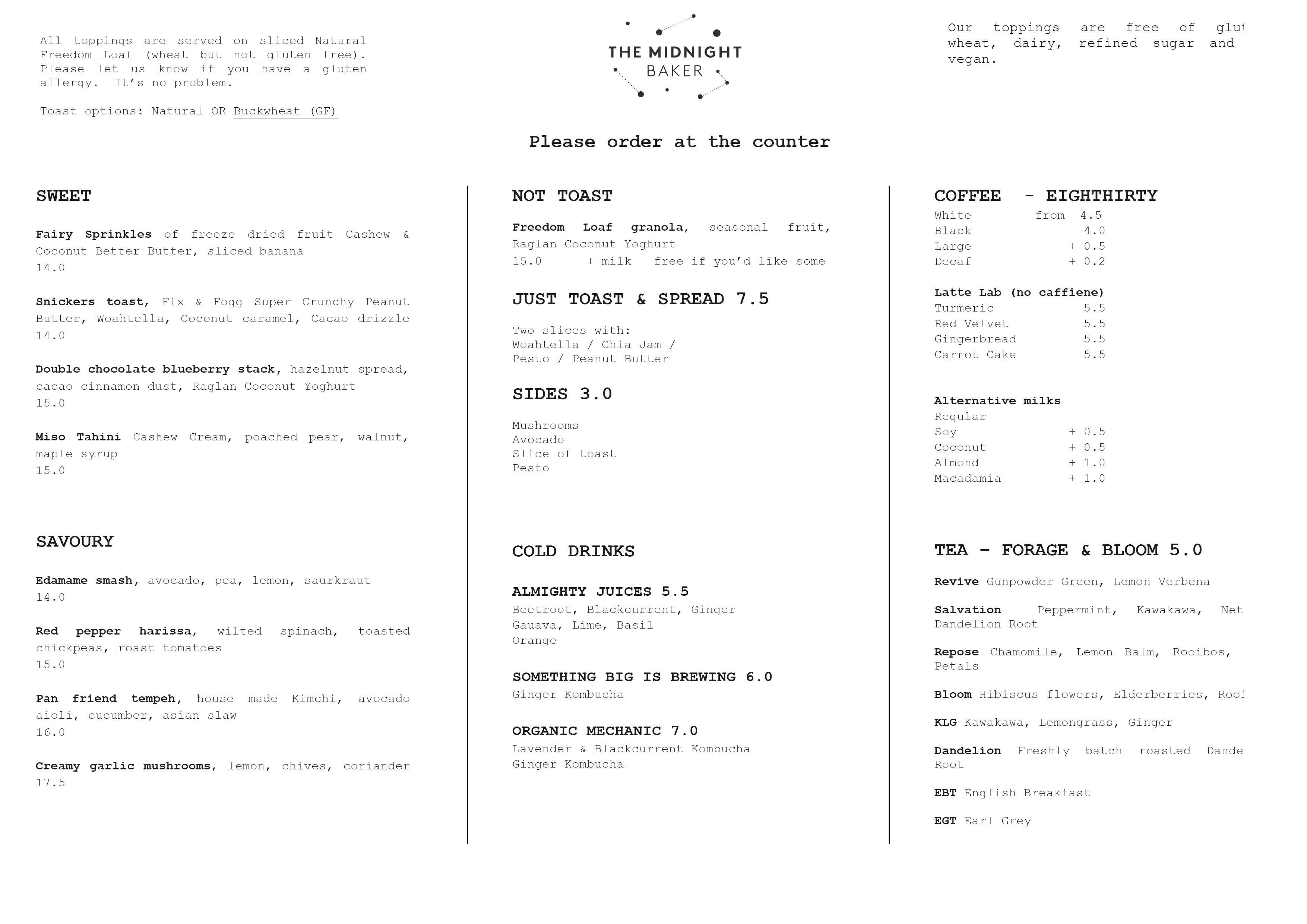 The Midnight Baker Menu, Menu de The Midnight Baker, Mt Eden, Auckland