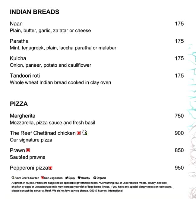 The Reef menu