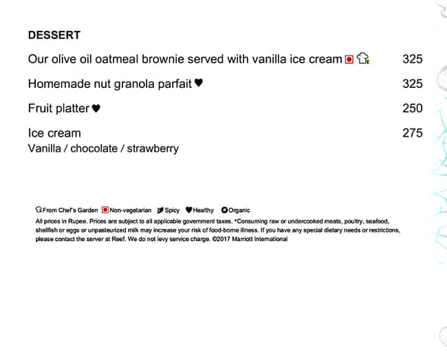 The Reef menu