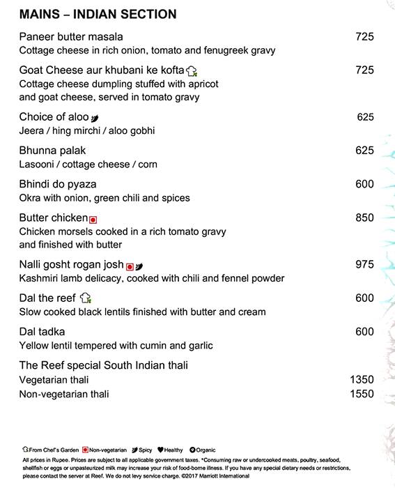The Reef menu