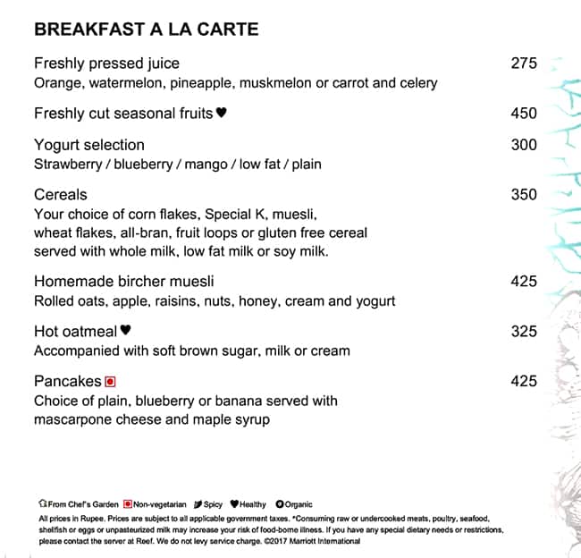 The Reef menu