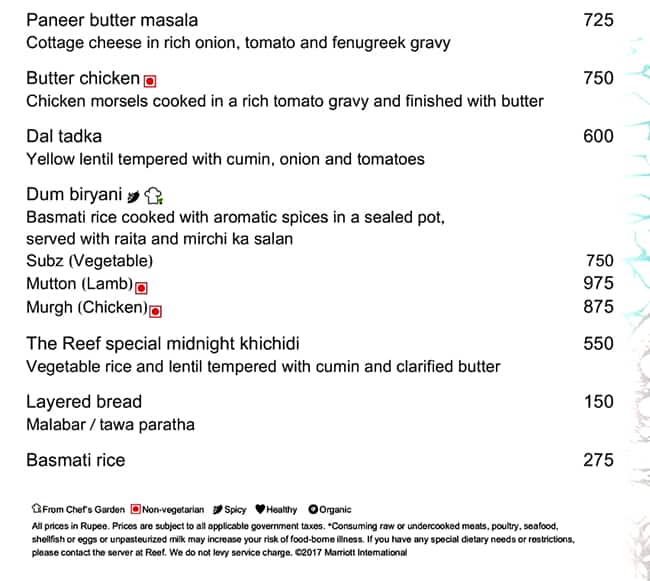 The Reef menu