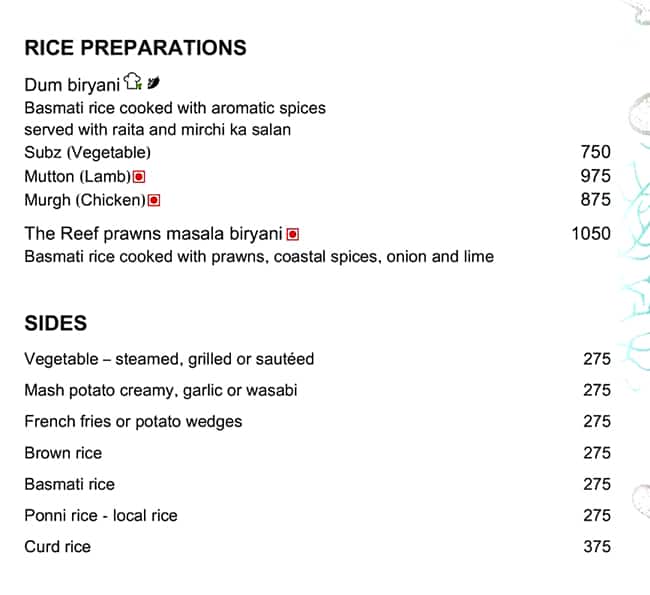 The Reef menu