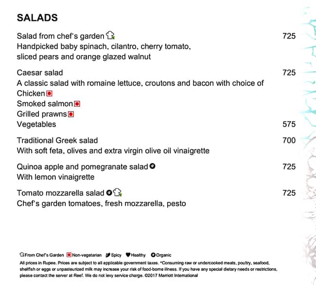 The Reef menu