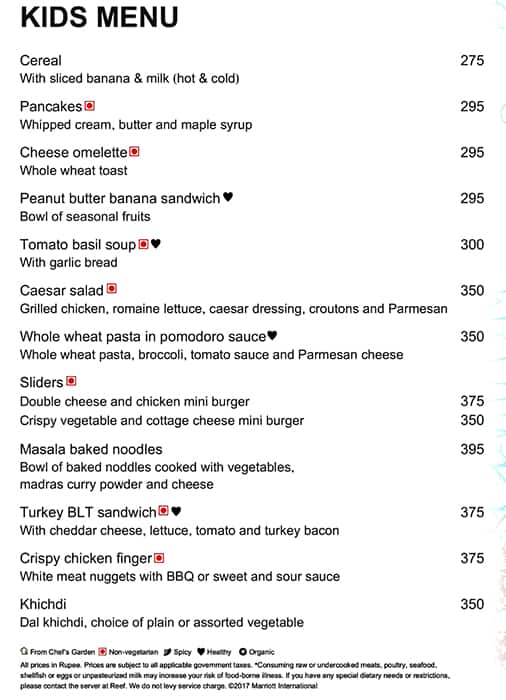 The Reef menu