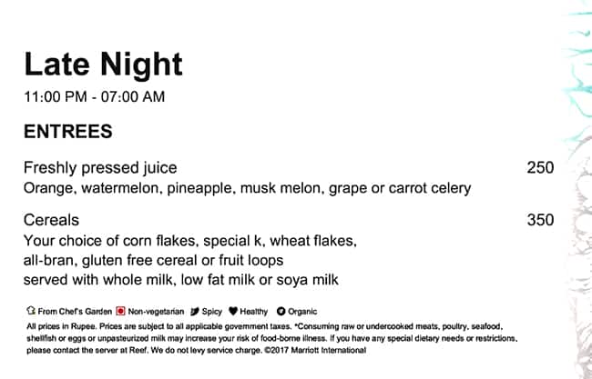 The Reef menu