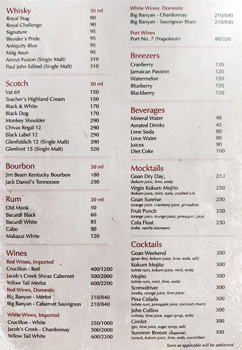 Menu Of Kokum Curry, Candolim, Goa