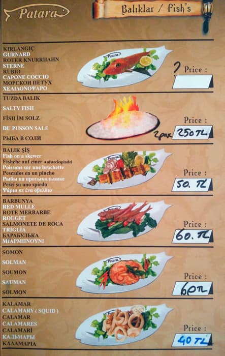 Patara Restaurant menu