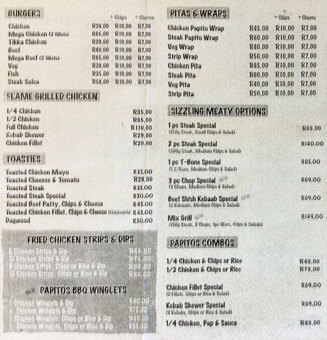 Papito's Menu, Menu for Papito's, Lakefield, East Rand Zomato SA