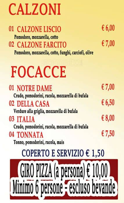 Menu di Ristorante pizzeria Notre Dame 