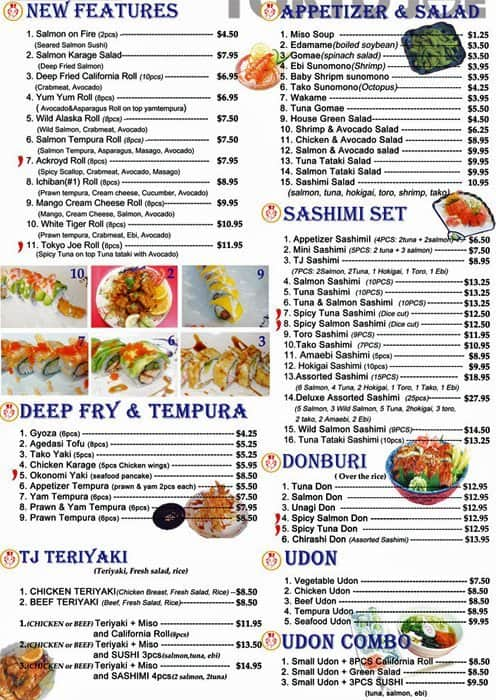 Menu at Tokyo Joe's sushi restaurant, Richmond, Ackroyd Rd #130