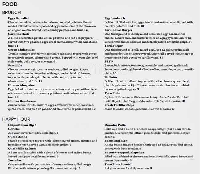 The Yard Cafe menu, Menu restauracji The Yard Cafe, Greenwood/Phinney