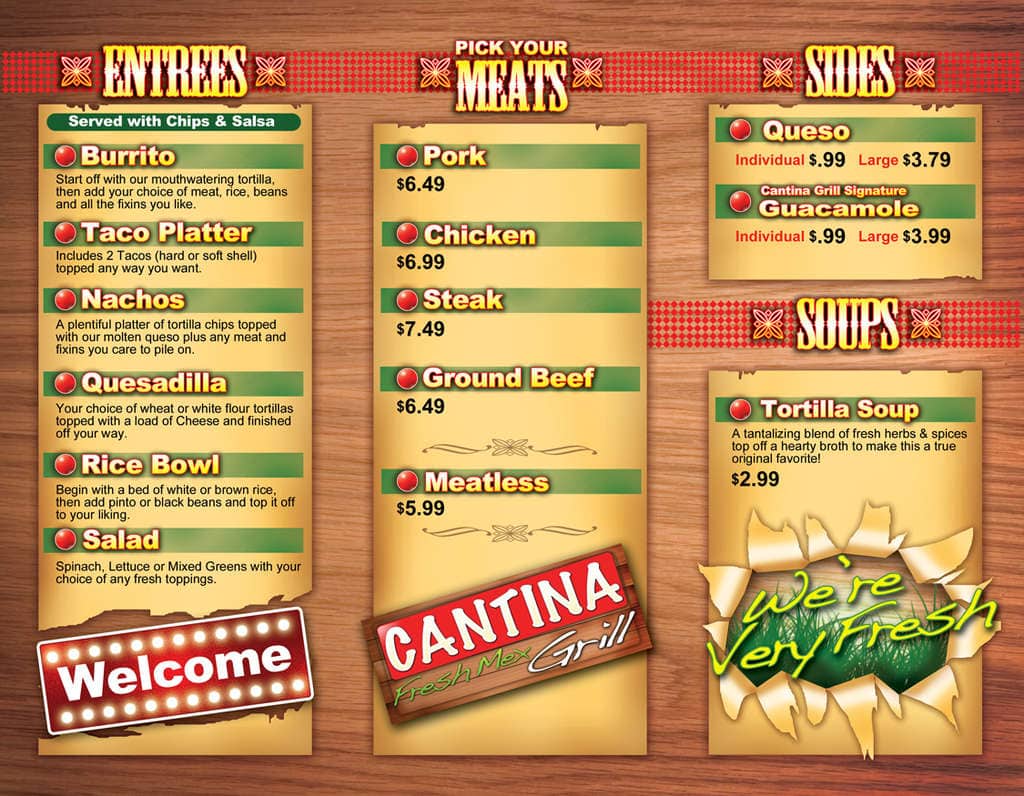 Xochimex Cantina Grill menu.