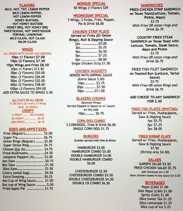 Blazers-N-Hull menu, Menu restauracji Blazers-N-Hull, Hull