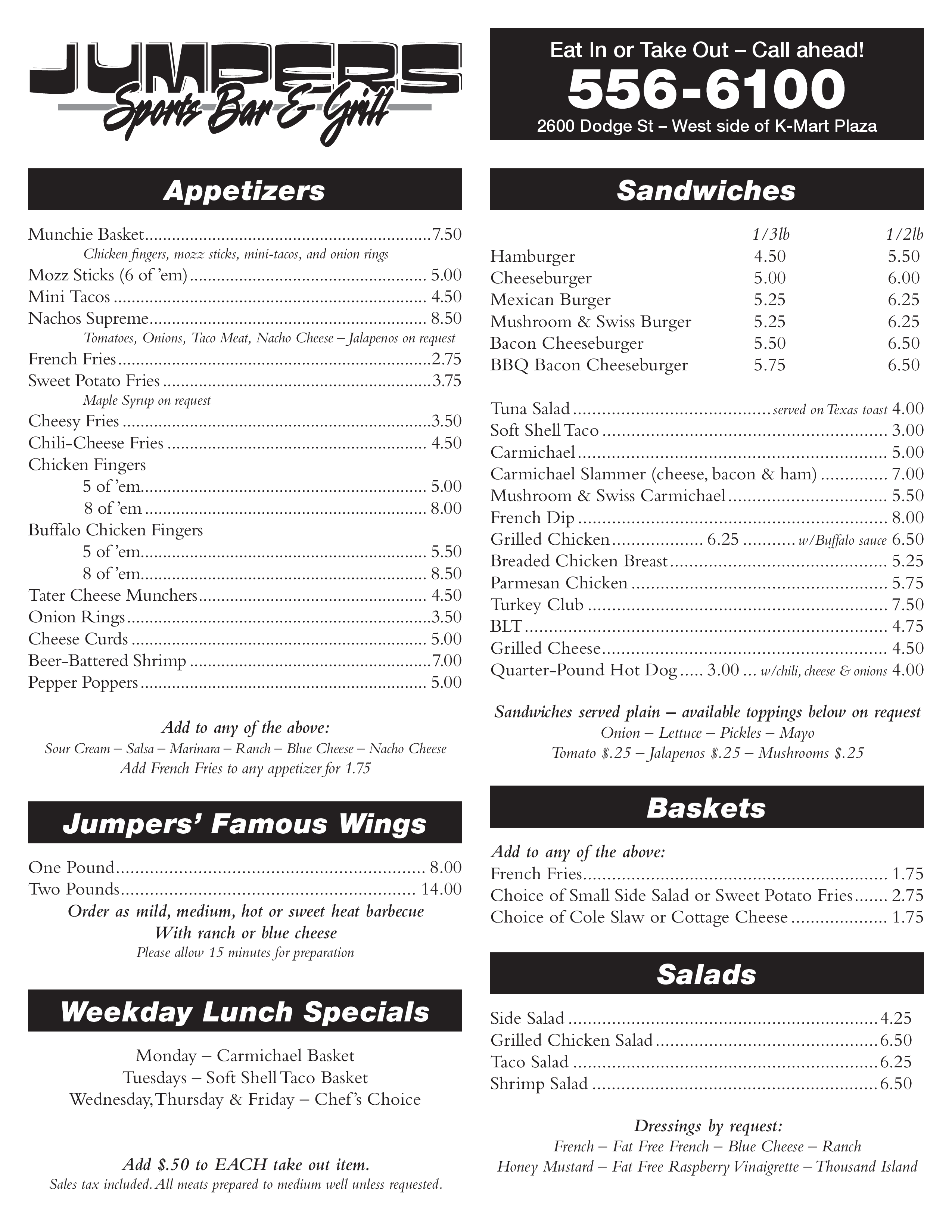 Jumpers Sports Bar & Grill Menu Urbanspoon/Zomato