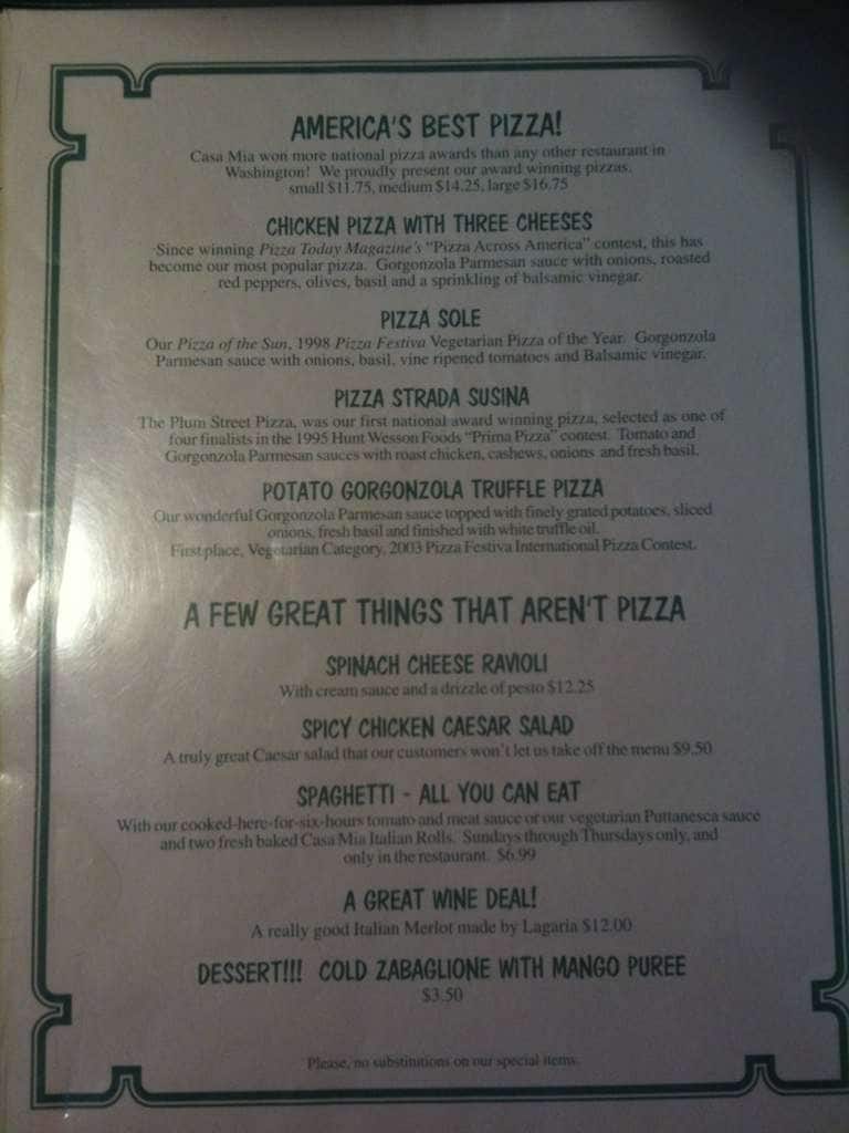 Menu at Casa Mia pizzeria, Richland, 607 Washington Way