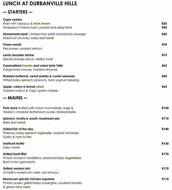 Durbanville Hills Restaurant Menu Zomato SA