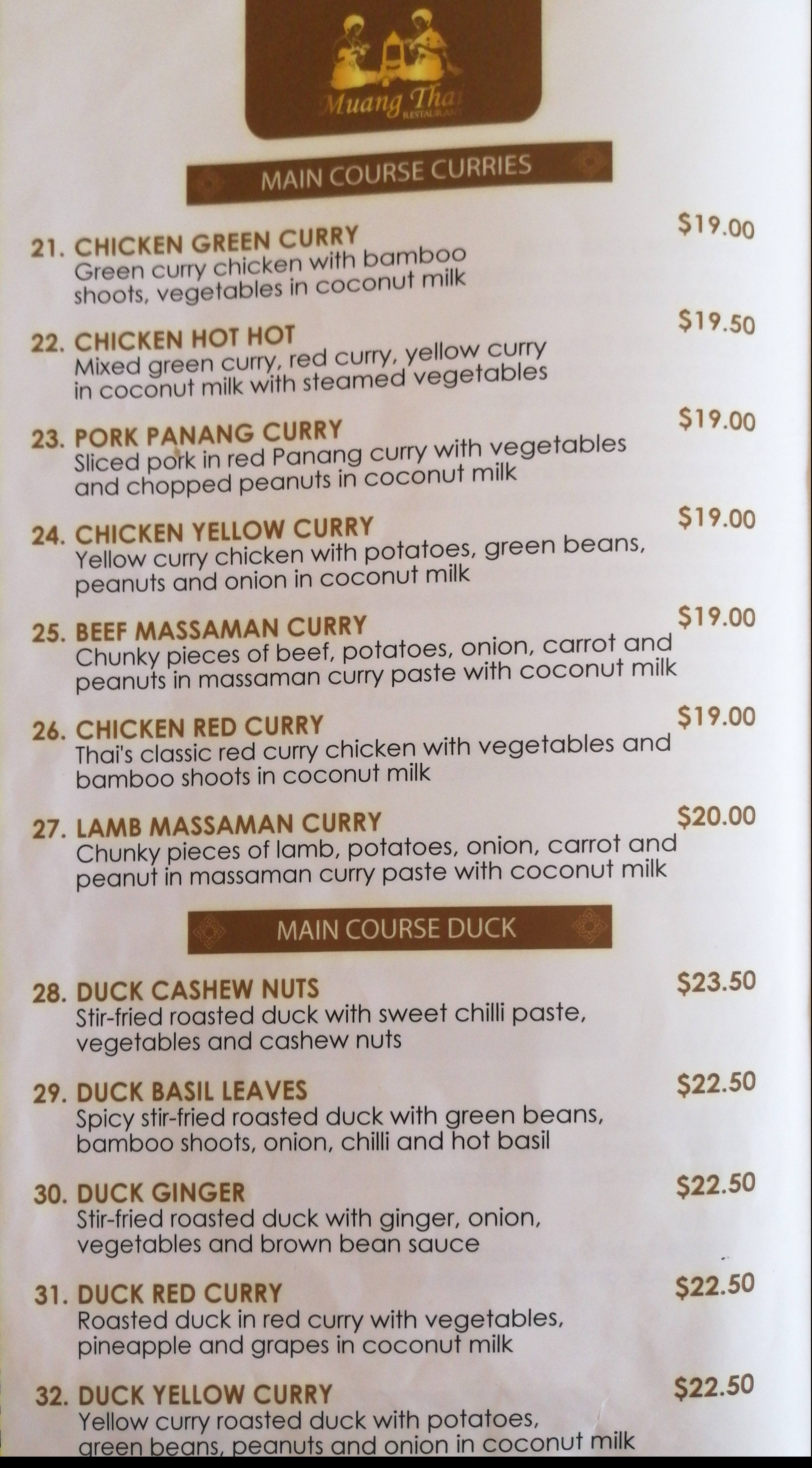 Menu at Muang Thai Restaurant, Auckland