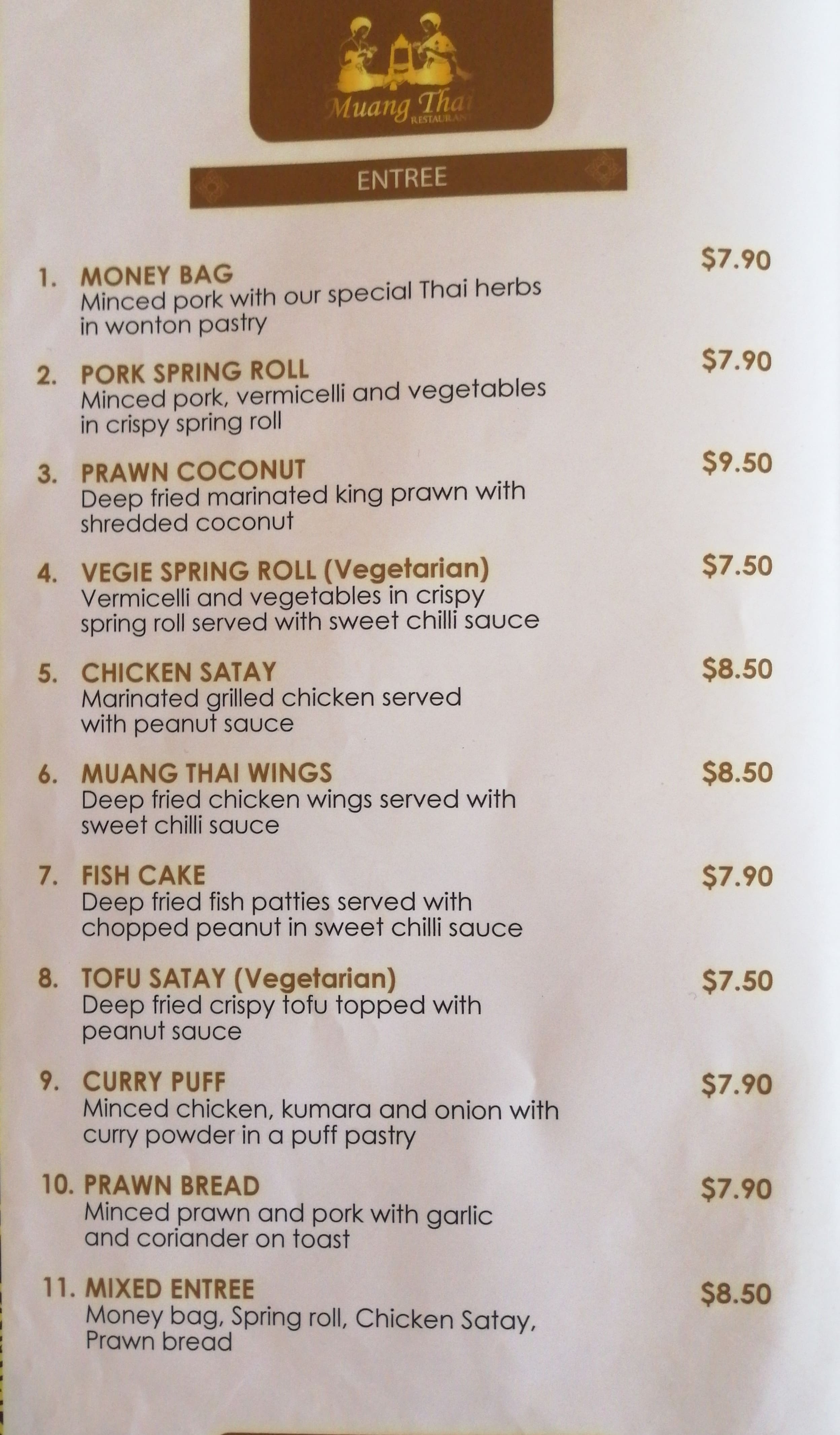 Menu at Muang Thai Restaurant, Auckland