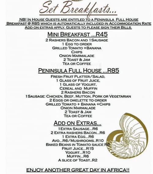 Menu at African Peninsula Restaurant, Durban