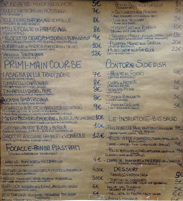 Vecchia Trastevere a Roma Foto del Menu con Prezzi Zomato Italia