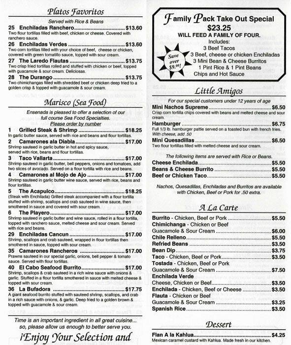 Menu at Ensenada restaurant, Benicia