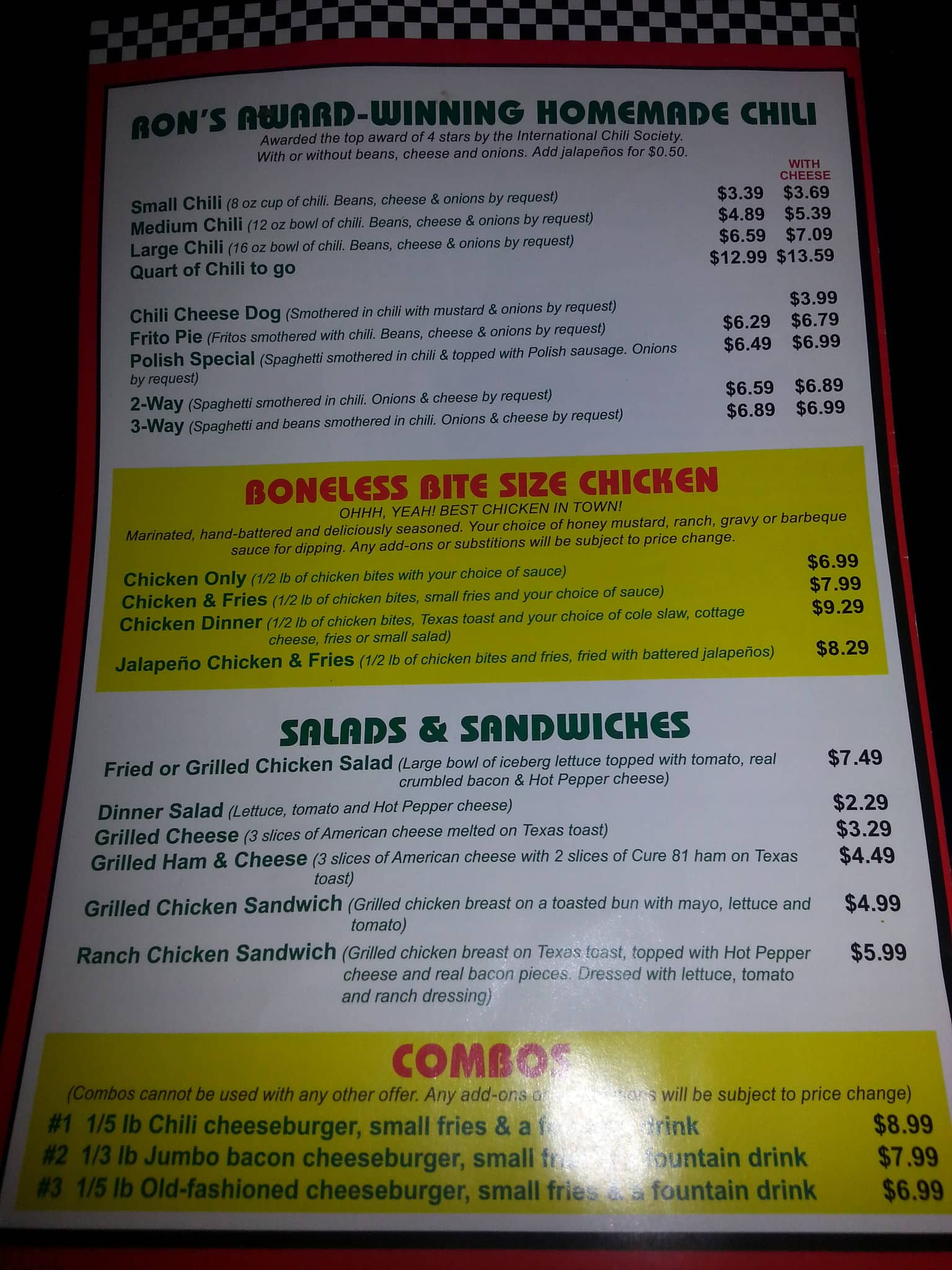 Ron's Hamburgers & Chili a Houston Foto del Menu con Prezzi