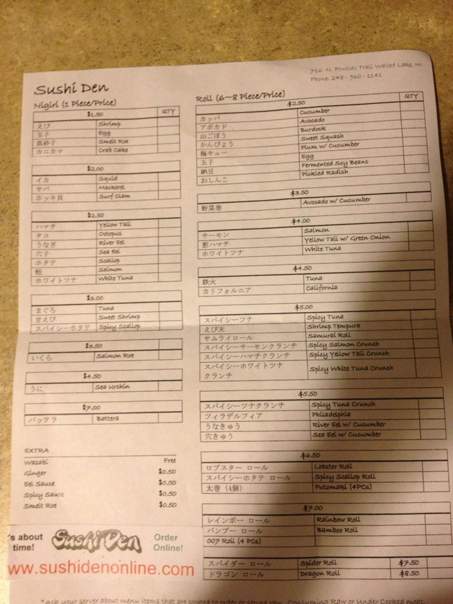 Menu At Sushi Den Restaurant Walled Lake Menus Of Restaurants Nearby