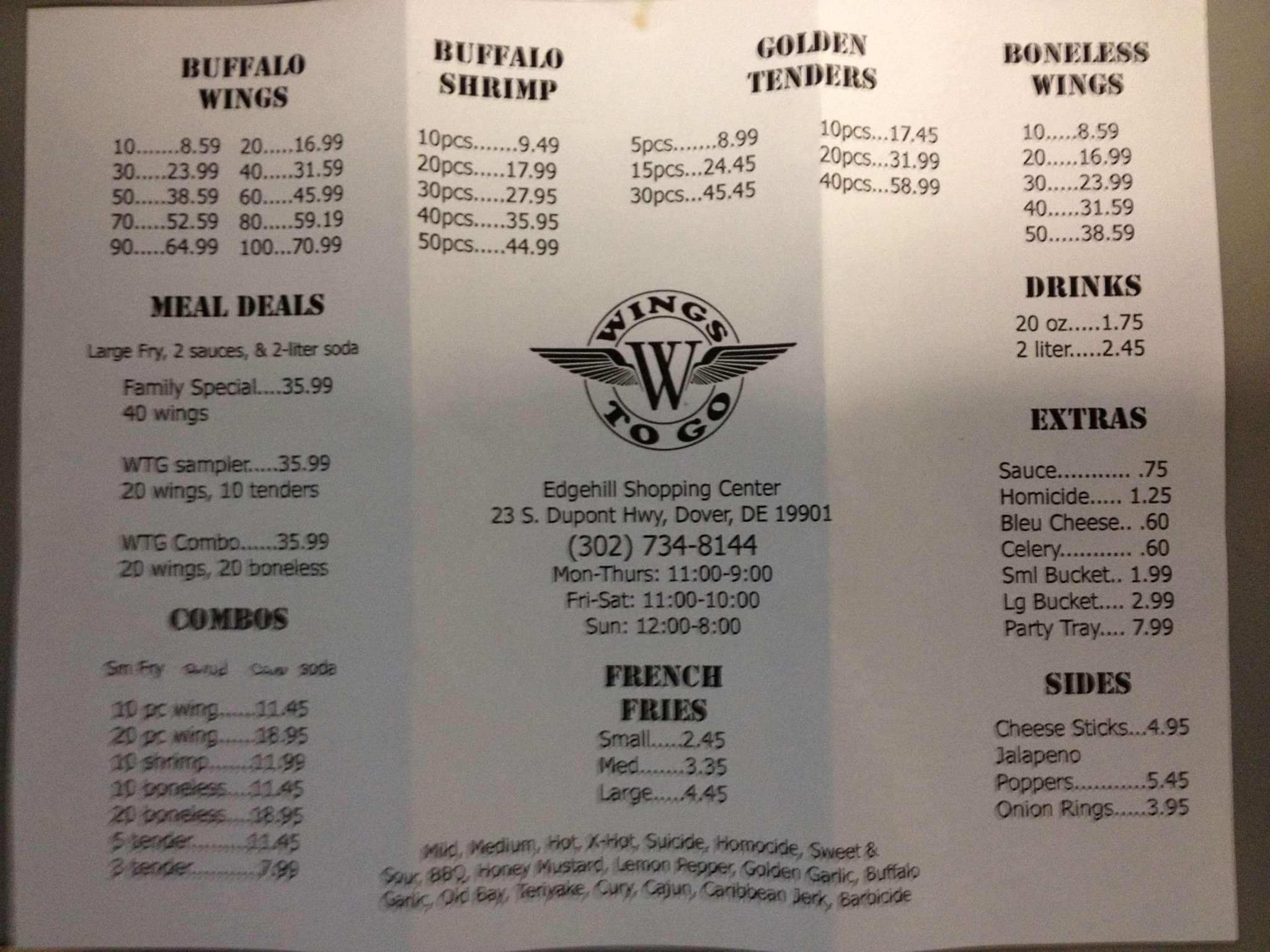 Wings To Go menu