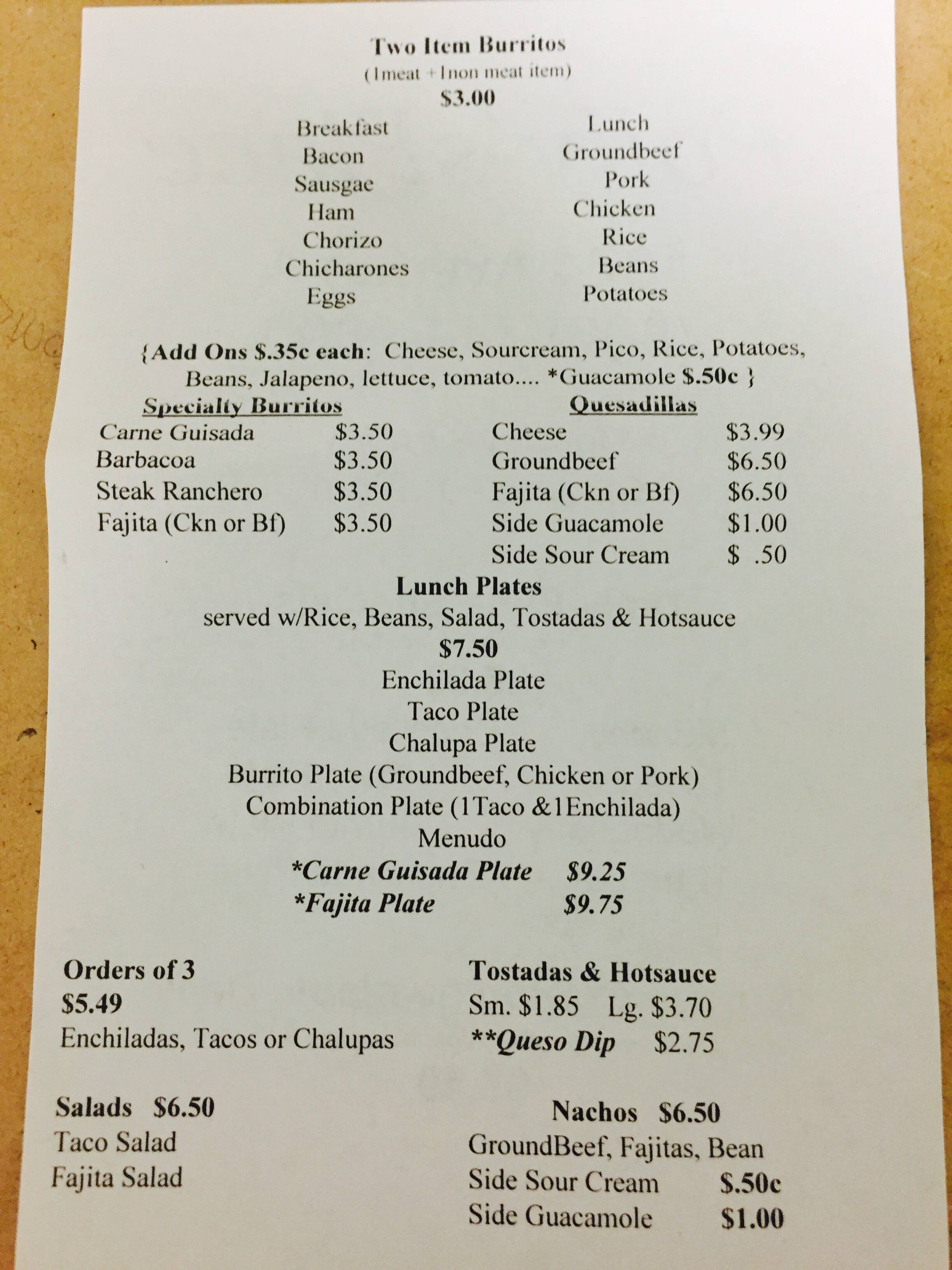 Menu at Polly's Place restaurant, Lubbock