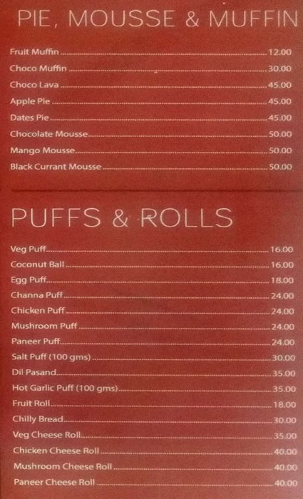 Crescent Bakery menu