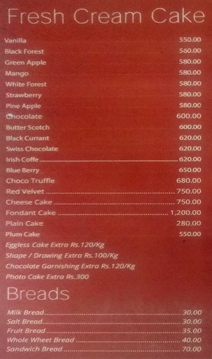 Crescent Bakery menu