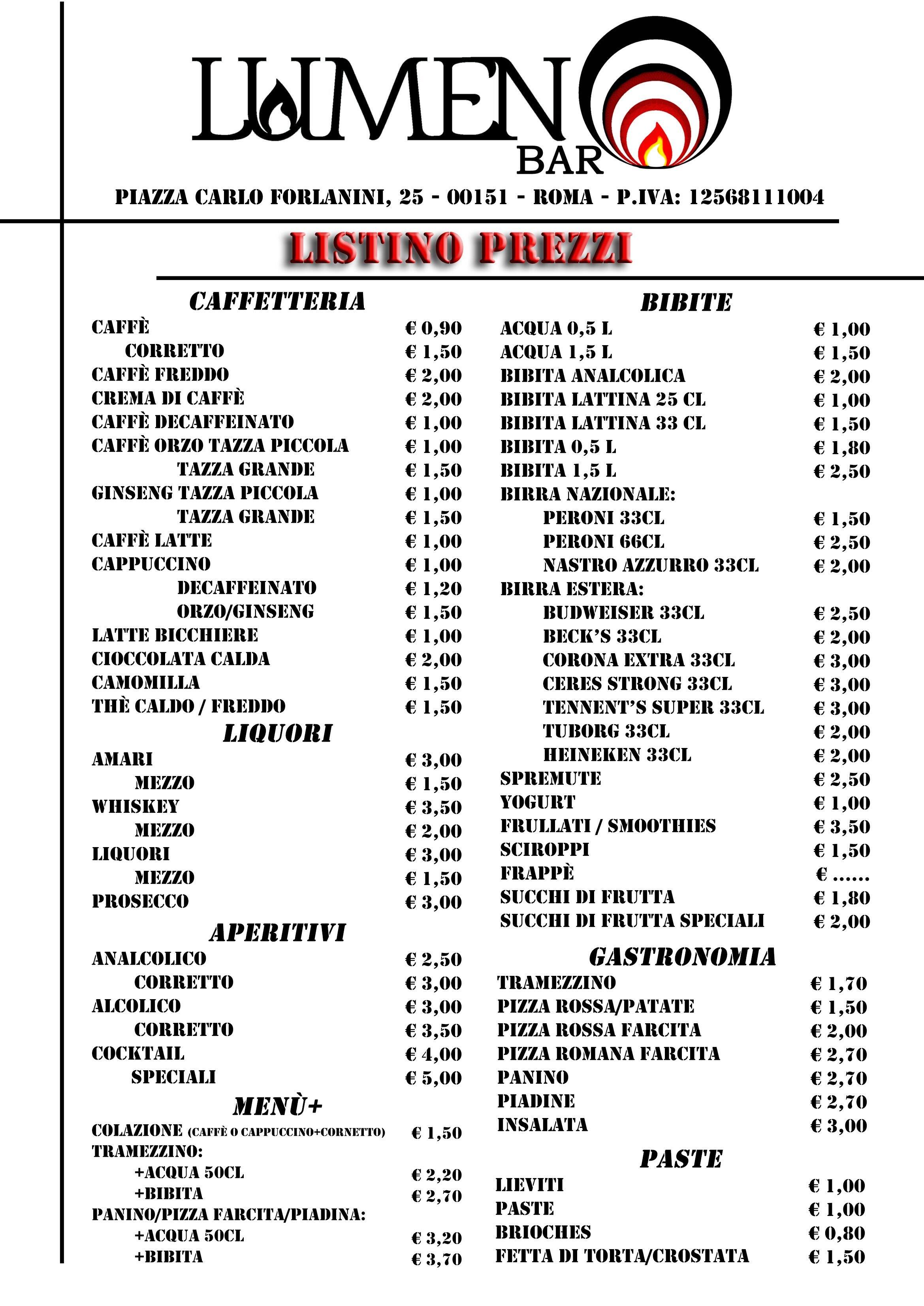 Menu di LUMEN BAR 