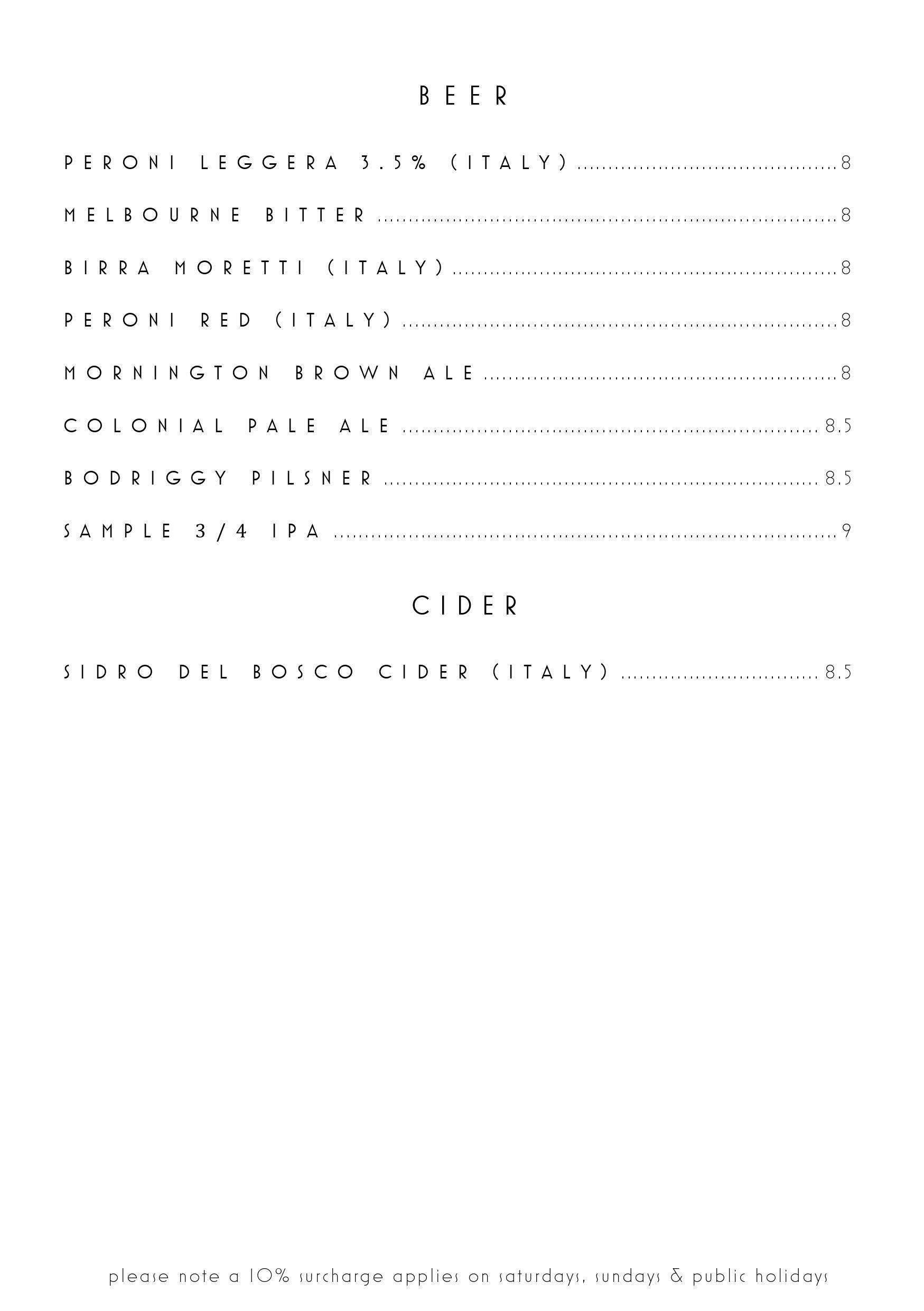 Menu at Rita's pizzeria, Abbotsford