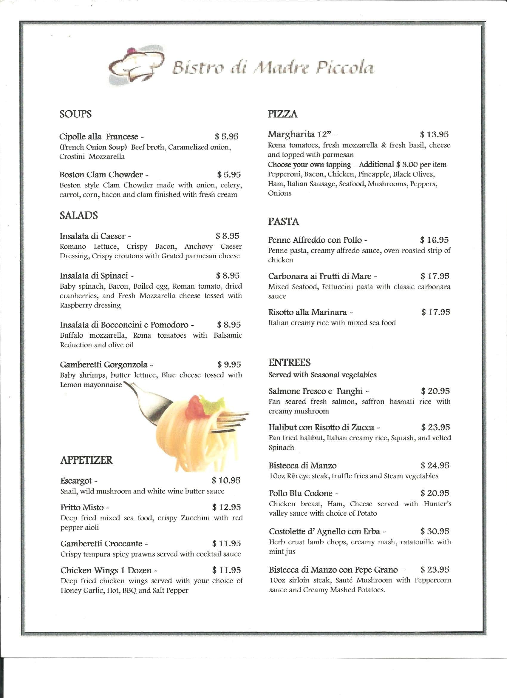 Menu at Bistro Di Madre Piccola steakhouse, Morinville