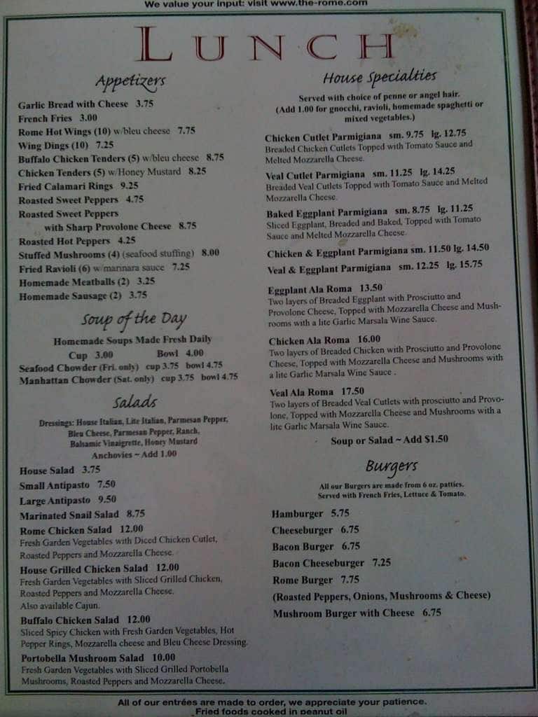 The Rome Restaurant Menu, Menu for The Rome Restaurant, Franklin